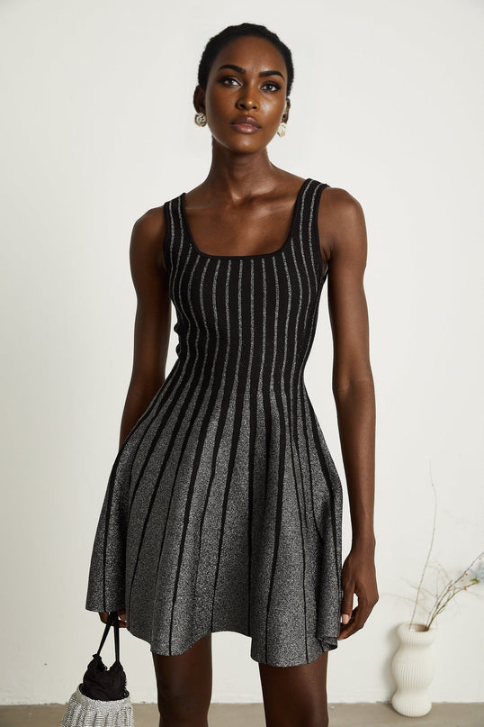 Zara Black Glitter Mini Dress Silver Textured Vertical Stripe Flared Skirt Stretch Jersey Thigh-Length