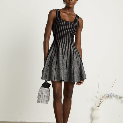 Zara Black Glitter Mini Dress Silver Textured Vertical Stripe Flared Skirt Stretch Jersey Thigh Length 100% Polyamide