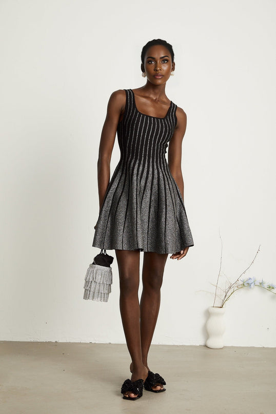 Zara Black Glitter Mini Dress Silver Textured Vertical Stripe Flared Skirt Stretch Jersey Thigh Length 100% Polyamide
