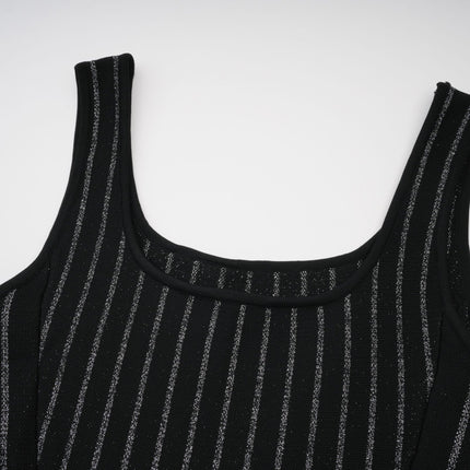 Zara Black Glitter Mini Dress Silver Textured Vertical Stripe Flared Skirt Stretch Jersey Thigh-Length 100 Percent Polyamide Composition