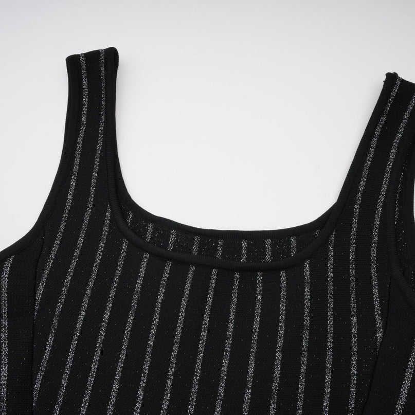 Zara Black Glitter Mini Dress Silver Textured Vertical Stripe Flared Skirt Stretch Jersey Thigh-Length 100 Percent Polyamide Composition