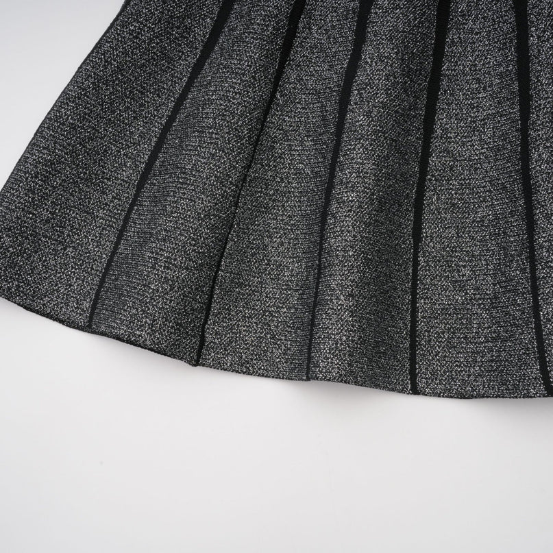 Zara Black Glitter Mini Dress Silver Textured Vertical Stripe Flared Skirt Stretch Jersey Thigh-Length Polyamide Composition
