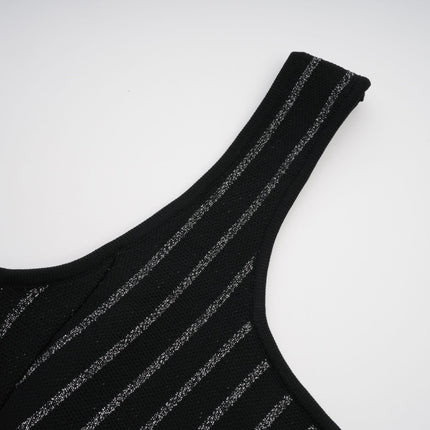 Zara Black Glitter Mini Dress Silver Tone Stripes Flared Skirt Stretch Jersey Thigh Length