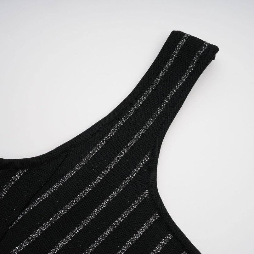 Zara Black Glitter Mini Dress Silver Tone Stripes Flared Skirt Stretch Jersey Thigh Length
