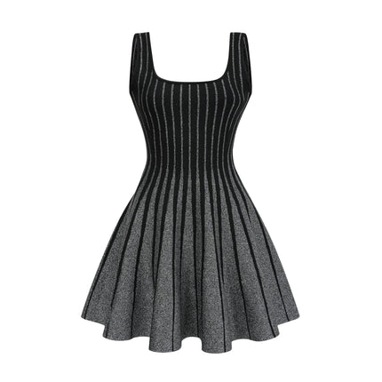 Zara Black Glitter Mini Dress Silver Tone Textured Vertical Stripe Flared Skirt Stretch Jersey Thigh Length Polyamide Composition