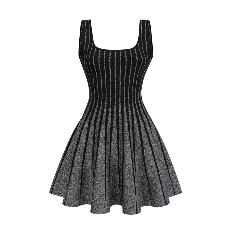 Zara Black Glitter Mini Dress Silver Tone Textured Vertical Stripe Flared Skirt Stretch Jersey Thigh Length Polyamide Composition