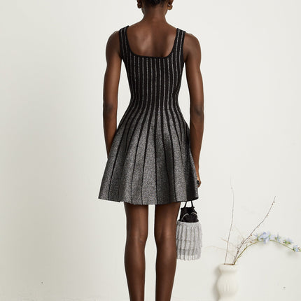 Zara Black Glitter Mini Dress Silver Tone Textured Vertical Stripe Flared Skirt Stretch Jersey Thigh Length 100 Polyamide Composition