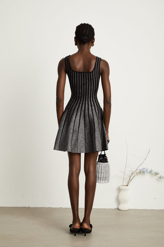 Zara Black Glitter Mini Dress Silver Tone Textured Vertical Stripe Flared Skirt Stretch Jersey Thigh Length 100 Polyamide Composition