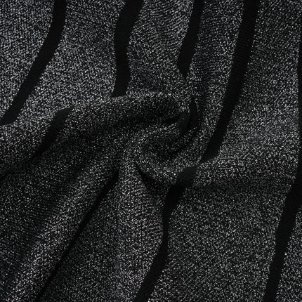 Zara Black Glitter Mini Dress Silver Tone Textured Vertical Stripe Flared Skirt Stretch Jersey Thigh Length Polyamide Composition