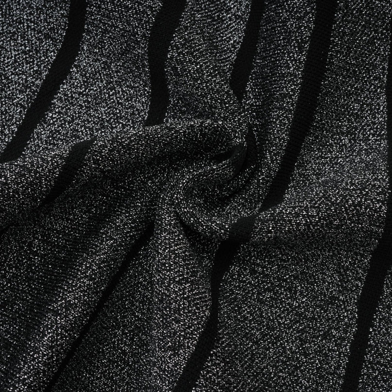 Zara Black Glitter Mini Dress Silver Tone Textured Vertical Stripe Flared Skirt Stretch Jersey Thigh Length Polyamide Composition