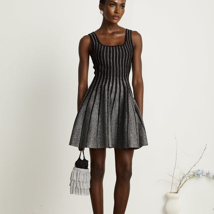 Zara Black Glitter Mini Dress Silver Tone Textured Vertical Stripe Flared Skirt Stretch Jersey Thigh Length Polyamide Composition