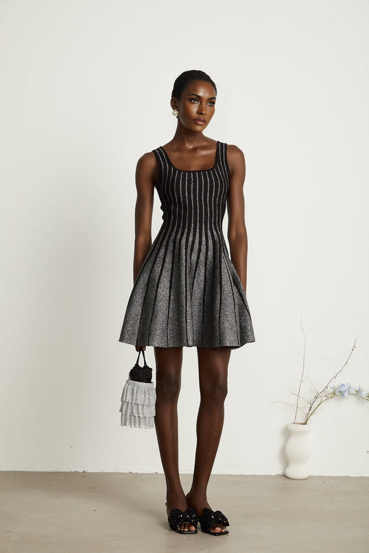 Zara Black Glitter Mini Dress Silver Tone Textured Vertical Stripe Flared Skirt Stretch Jersey Thigh Length Polyamide Composition