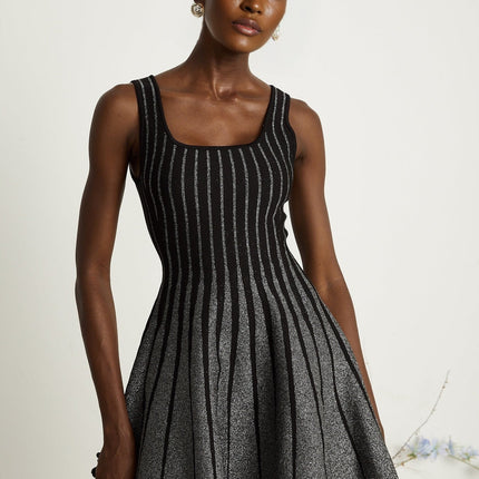 Zara Black Glitter Mini Dress Silver Tone Textured Vertical Stripe Stretch Jersey Flared Skirt Thigh Length Polyamide Composition