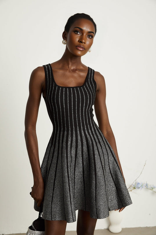 Zara Black Glitter Mini Dress Silver Tone Textured Vertical Stripe Stretch Jersey Flared Skirt Thigh Length Polyamide Composition