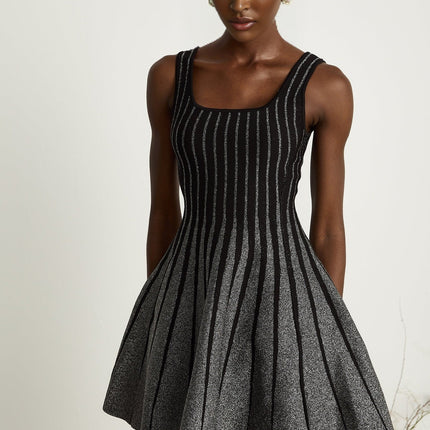 Zara Black Glitter Mini Dress Silver Tone Vertical Stripe Flared Skirt Stretch Jersey Thigh Length Polyamide Composition