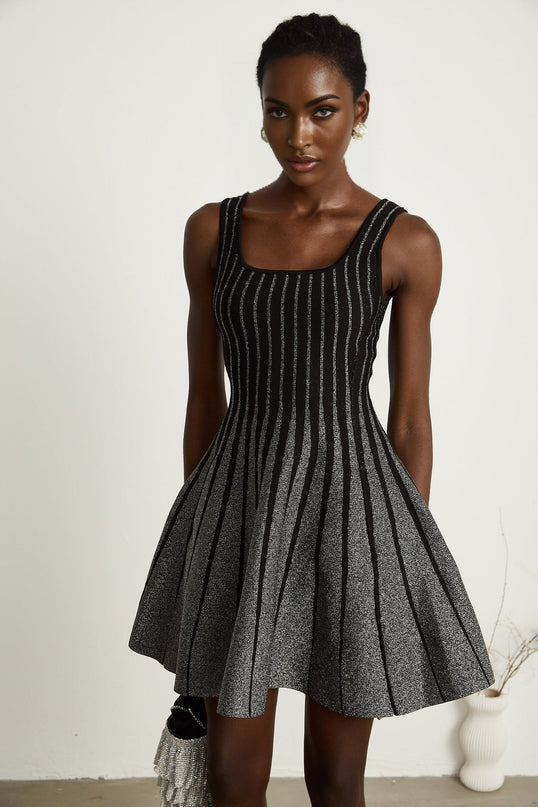 Zara Black Glitter Mini Dress Silver Tone Vertical Stripe Flared Skirt Stretch Jersey Thigh Length Polyamide Composition