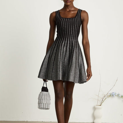 Zara Black Glitter Mini Dress Silver Vertical Stripe Flared Skirt Stretch Jersey Thigh-Length Polyamide Composition