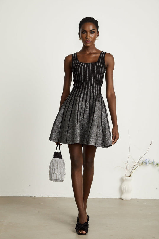 Zara Black Glitter Mini Dress Silver Vertical Stripe Flared Skirt Stretch Jersey Thigh-Length Polyamide Composition