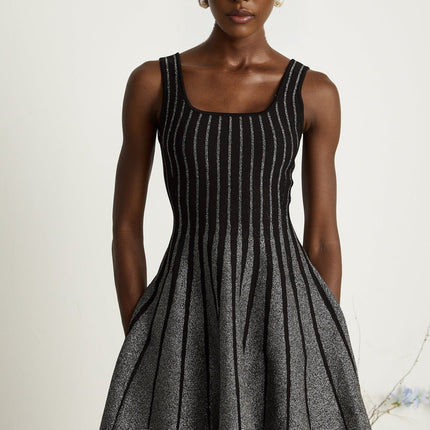 Zara Black Glitter Mini Dress Silver Vertical Stripe Flared Skirt Stretch Jersey Thigh-Length 100 Polyamide Composition