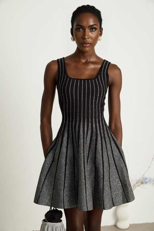 Zara Black Glitter Mini Dress Silver Vertical Stripe Flared Skirt Stretch Jersey Thigh-Length 100 Polyamide Composition