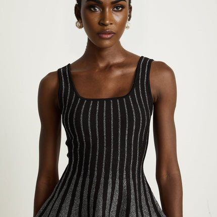 Zara Black Glitter Mini Dress with Silver-Tone Textured Finish and Vertical Stripe Pattern
