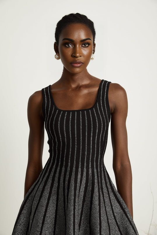 Zara Black Glitter Mini Dress with Silver-Tone Textured Finish and Vertical Stripe Pattern