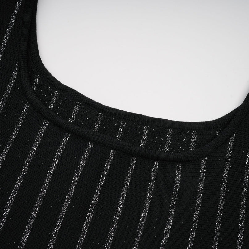 Zara Black Glitter Mini Dress with Silver-Tone Textured Finish and Vertical Stripe Pattern