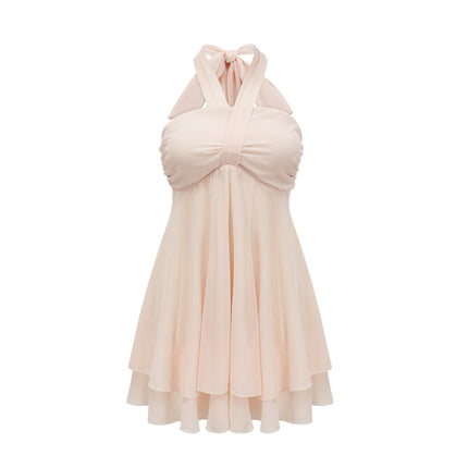 Zara Neutrals Mini Dress Pleated Skirt Front Cut-Out Tie-Back Detail Cocktail Party Gala Style Grace