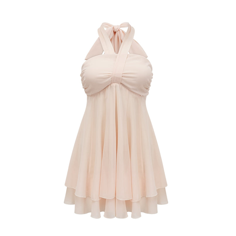 Zara Neutrals Mini Dress Pleated Skirt Front Cut-Out Tie-Back Detail Cocktail Party Gala Style Grace