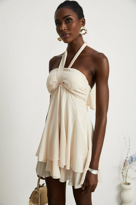 Zara Neutrals Mini Dress with Wrapped Bustier Design and Pleated Skirt