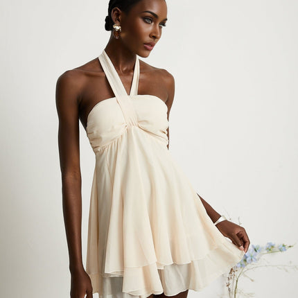 Zara Neutrals Mini Dress with Wrapped Bustier Design and Pleated Skirt