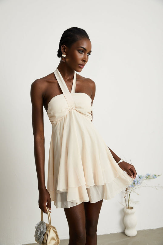 Zara Neutrals Mini Dress with Wrapped Bustier Design and Pleated Skirt