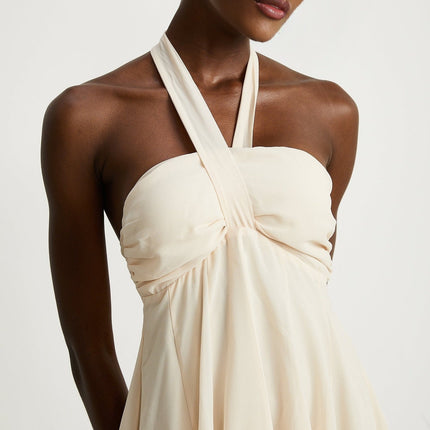 Zara Neutrals Mini Dress with Wrapped Bustier Design Pleated Skirt and Cut-Out Detail