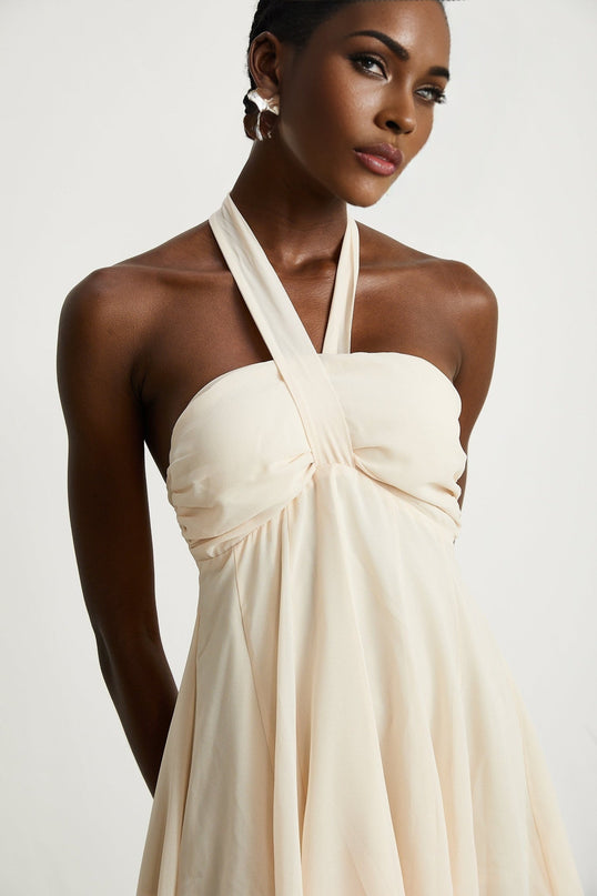 Zara Neutrals Mini Dress with Wrapped Bustier Design Pleated Skirt and Cut-Out Detail
