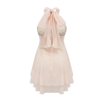 Zara Neutrals Mini Dress with Wrapped Bustier Design Pleated Skirt and Cut-Out Detail