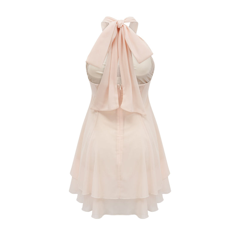 Zara Neutrals Mini Dress with Wrapped Bustier Design Pleated Skirt and Cut-Out Detail