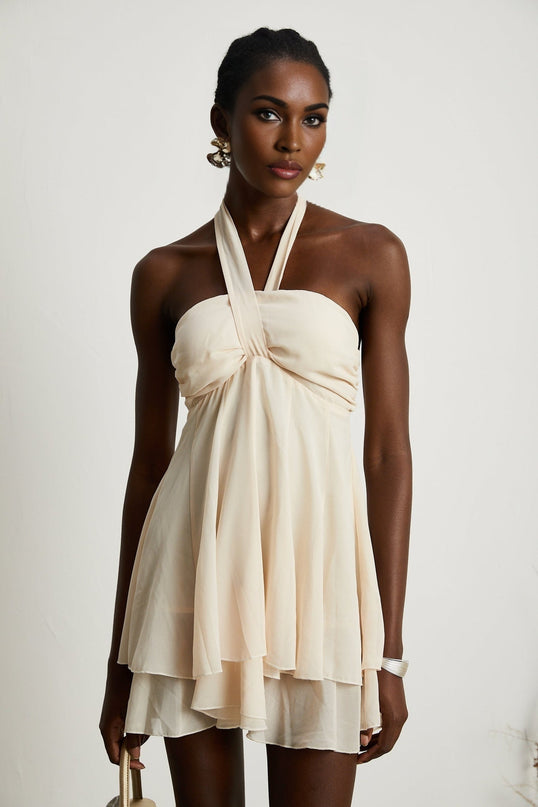 Zara Neutrals Mini Dress with Wrapped Bustier Design and Cut-Out Detail