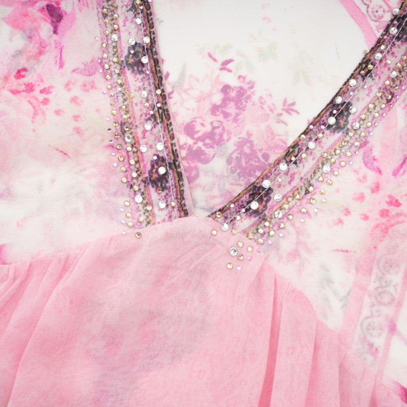 Zara Pink Crystal Embellished Silk Mini Dress with Halfflared Sleeves and V-neck Design