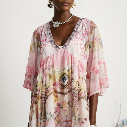 Zara Pink Crystal Embellished Silk Mini Dress with V-Neck Design