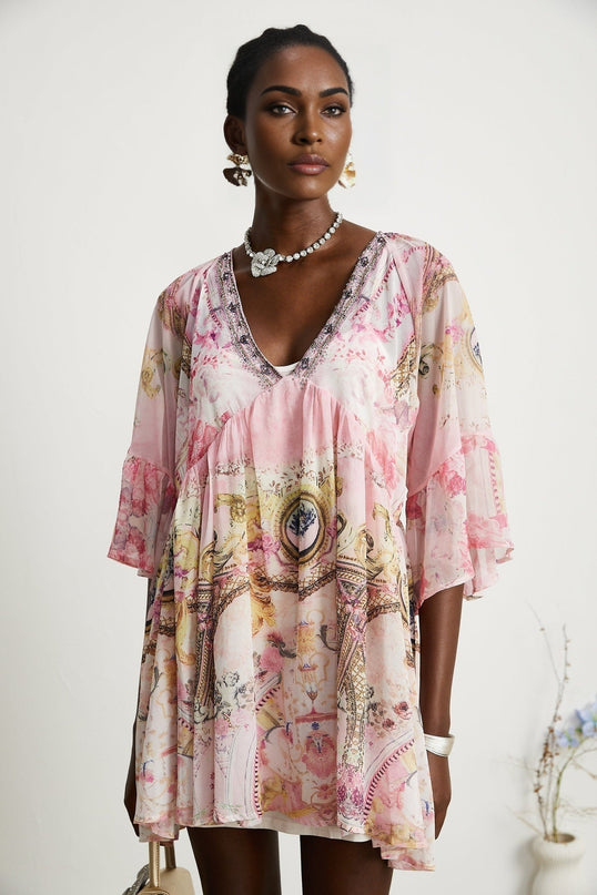 Zara Pink Crystal Embellished Silk Mini Dress with V-Neck Design