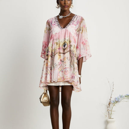Zara Pink Silk Mini Dress with Crystal Embellished Pattern