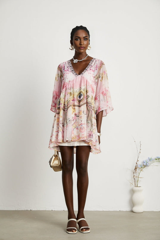 Zara Pink Silk Mini Dress with Crystal Embellished Pattern