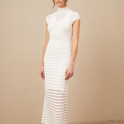 Zara White Textured Tulle Midi Dress with Open Back and Horizontal Stripes