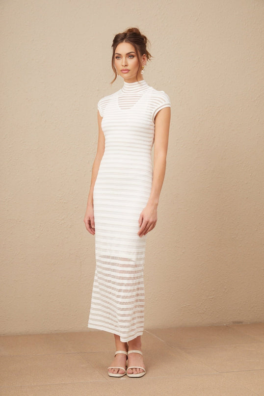 Zara White Textured Tulle Midi Dress with Open Back and Horizontal Stripes
