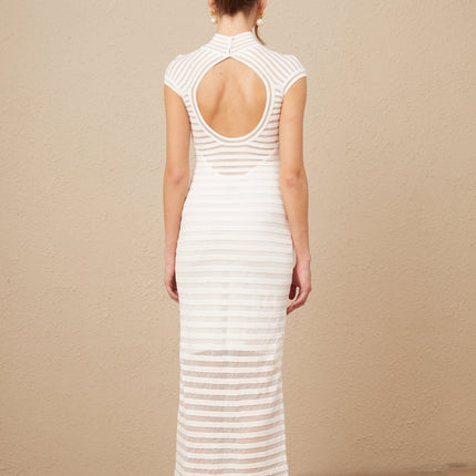 Zara White Textured Tulle Midi Dress with Open Back and Horizontal Stripes