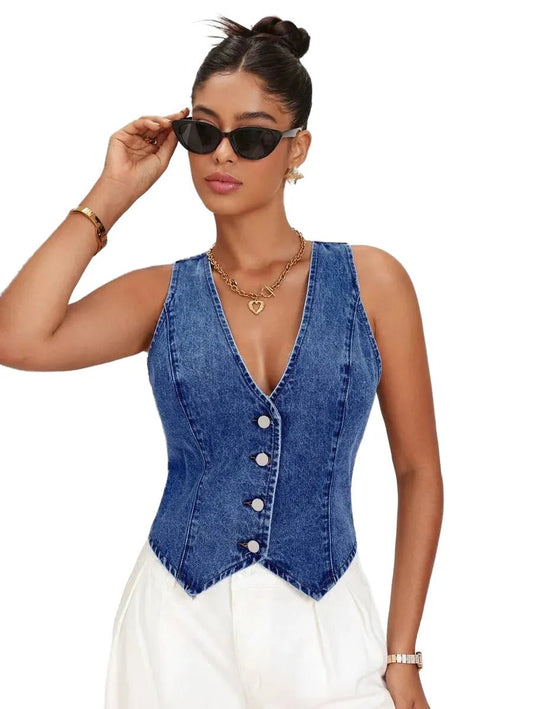 Zaria Cropped Denim Jacket with Stylish Button - Front Design in Blue - Blue