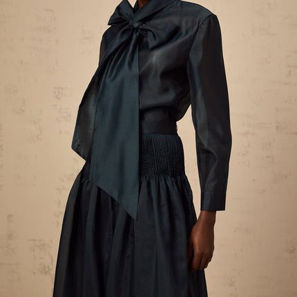 Zaria Green Shirt and Skirt Set Terylene Fiber Ribbon Tie-Neck Detail Smocked Panelling Pleated Elasticated Waistband Maxi Length