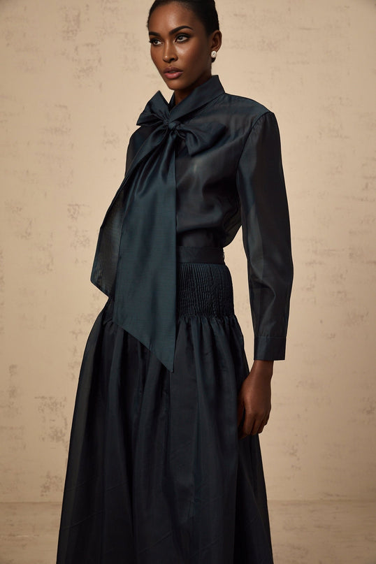 Zaria Green Shirt and Skirt Set Terylene Fiber Ribbon Tie-Neck Detail Smocked Panelling Pleated Elasticated Waistband Maxi Length
