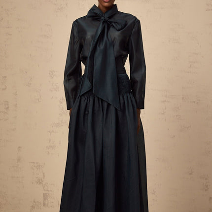 Zaria Green Shirt Skirt Set Terylene Fiber Ribbon Tie Neck Smocked Panelling Pleated Detailing Elasticated Waistband Maxi Length