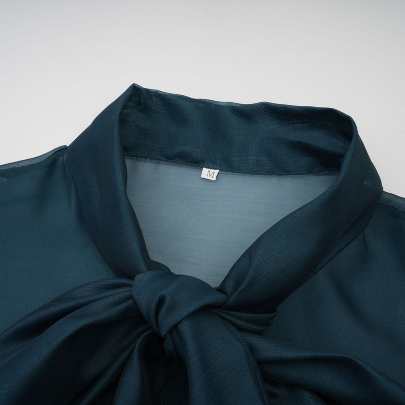 Zaria Green Shirt Skirt Set Terylene Fiber Ribbon Tie-Neck Detail Pleated Maxi Length